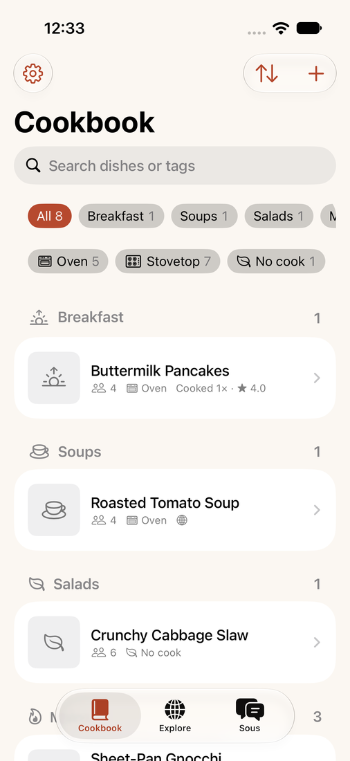 The DishFork Cookbook: recipes grouped by section, with method and time at a glance